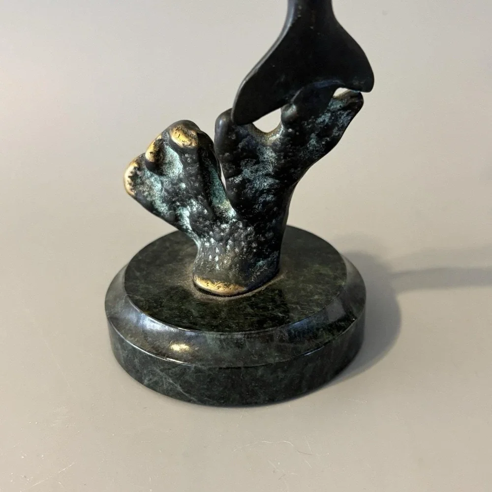 Vintage Verdigris Brass Dolphins Statue Verdigris Marble Base 6